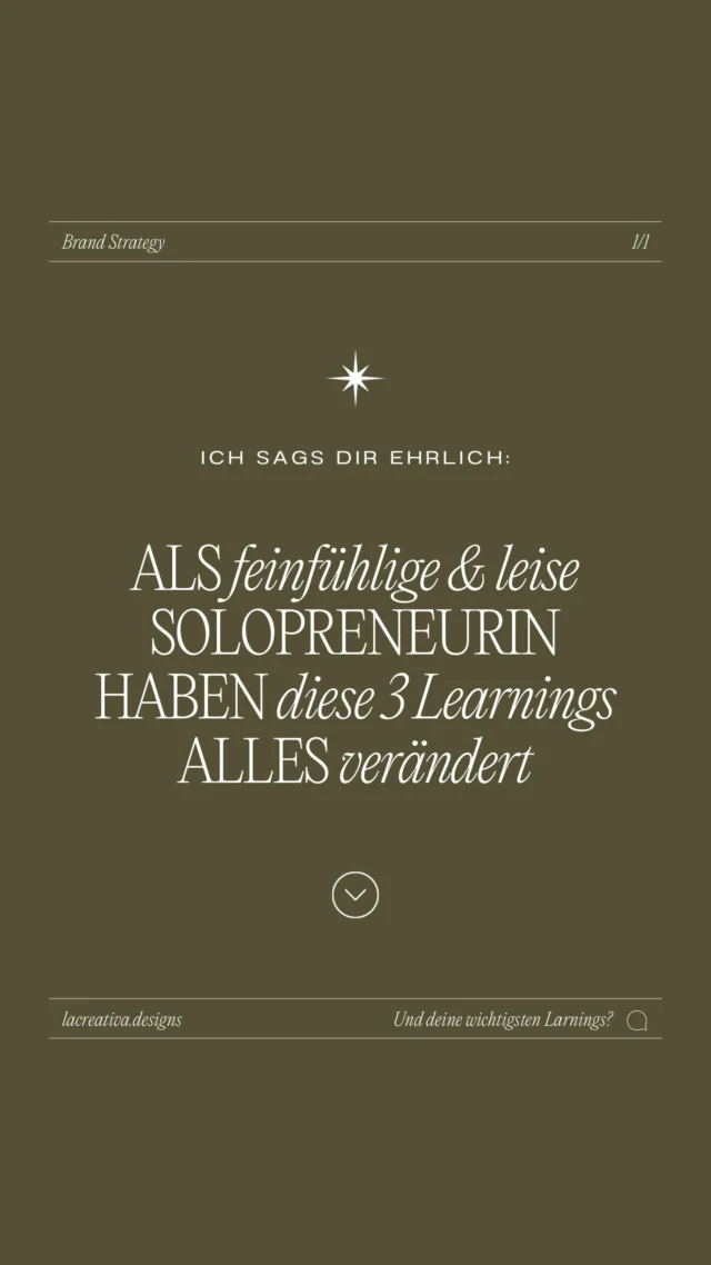 Ich muss ehrlich mit dir sein: Die ersten Jahre als leise und feinfühlige Solopreneurin waren oft ein Balanceakt auf der Kante zum Burnout. Ich habe alles gegeben, ständig Gas gegeben und trotzdem blieb der große Erfolg aus 🫠.

Was ich heute verstehe: Business ist kein Sprint. Es ist ein Marathon. Und Erfolg bedeutet nicht, rund um die Uhr zu hustlen, sondern deinen eigenen Rhythmus zu finden. Das bedeutet vor allem:

✨ achtsam mit deiner Energie umgehen

✨ smarte Entscheidungen treffen

✨ und erkennen, dass 24/7 Hustle kein Beweis für Erfolg ist

Hier sind die 3 Learnings, die für mich alles verändert haben:

💎 Yang braucht auch Yin.

Nicht durch ständiges Tun kommt der Erfolg, sondern in der bewussten Pause.

👉🏻 Tipp: Plane dir bewusst Integrationszeit ein, ohne To-Dos, nur Raum zum integrieren & fließen lassen.

💎 Sichtbarkeit beginnt nicht bei Instagram.

Sie beginnt in dir, mit der Energie, die du unterbewusst ausstrahlst.

👉🏻 Tipp: Seriously, wenn dir nicht danach ist in die Story zu quatschen, dann tu es auch nicht. Wenn es dir nicht gut geht, kannst du dir ohne schlechtem Gewissen offline Zeit gönnen. Und nein, du musst dich nicht dafür entschuldigen, dass du länger weg warst 🫠.

💎 Du musst nicht rund um die Uhr posten und auf Insta rumhängen, um Kund:innen anzuziehen.

Eine starke Personal Brand wirkt auch dann, wenn du offline bist. Nutze die Power einer starken Brand!

👉🏻 Tipp: Baue dir ein starkes Fundament als Personal Brand auf mit Klarheit, einem Design das überzeugt & einer starken Message, die für dich spricht.

💬 Was war dein wichtigstes Learning bisher auf deinem Weg als Solopreneurin? Schreibs mir super gerne in die Kommentare 🤍

PERSONAL BRANDING
BRAND DESIGN
LOGODESIGN
FARBPALETTE
WEBDESIGN

#personalbranding #grafikdesign #markenauftritt #soulbusiness #logodesign #farbpalette #brandingtips #energeticbranding #markenstrategie